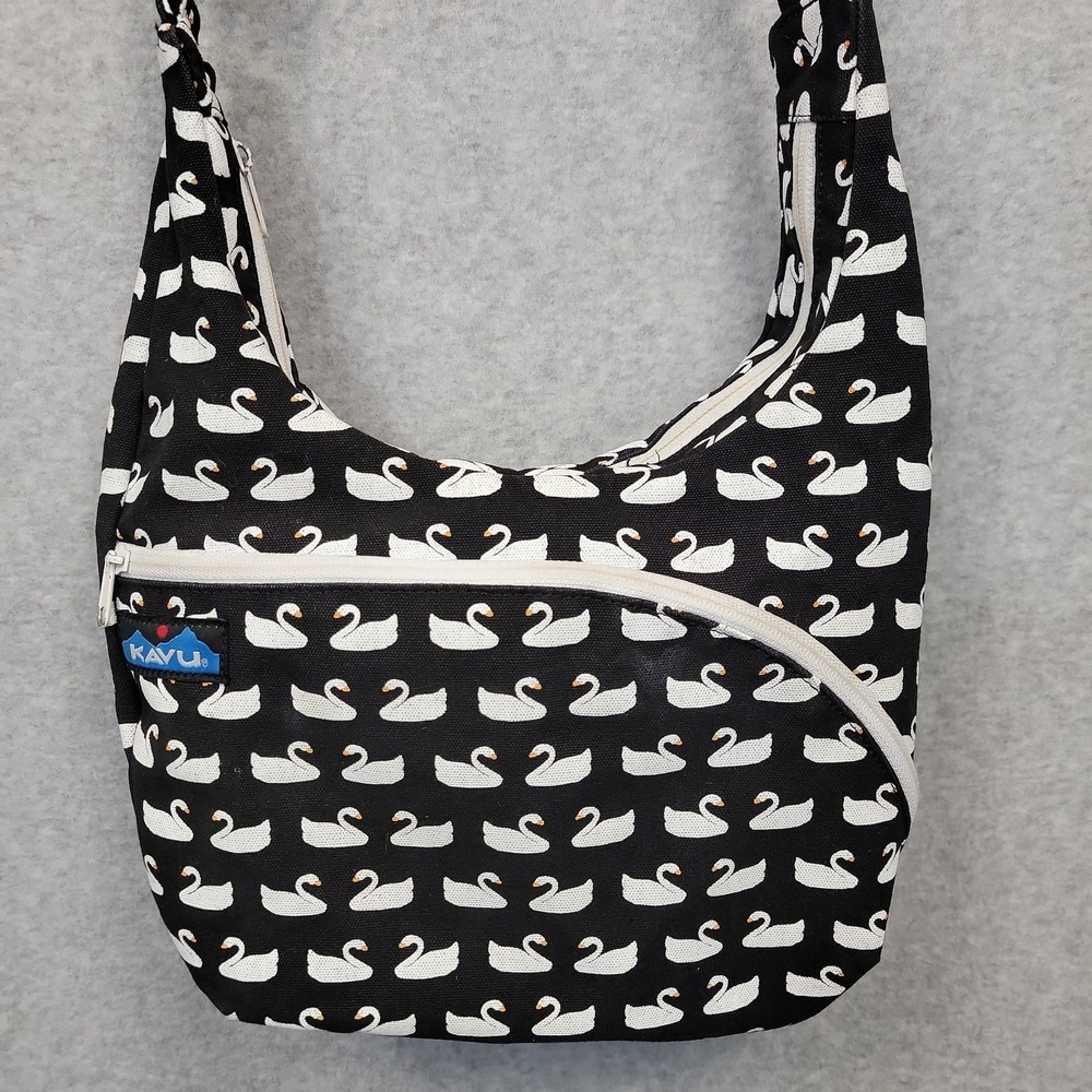 KAVU Satchel Crossbody Bag Shoulder Purse Black & White Swan Pattern Canvas
